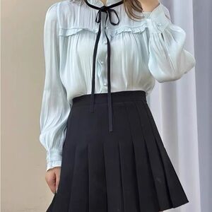 long sleeve round crew neck buttons down blouse bow tie ruffled collared top